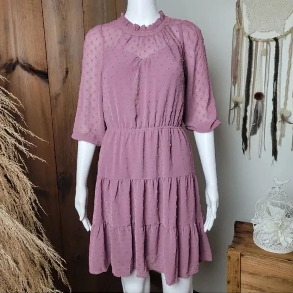 monteau S Mauve Pink Swiss Polka Dot Long Sleeve Mock-neck Tiered Dress